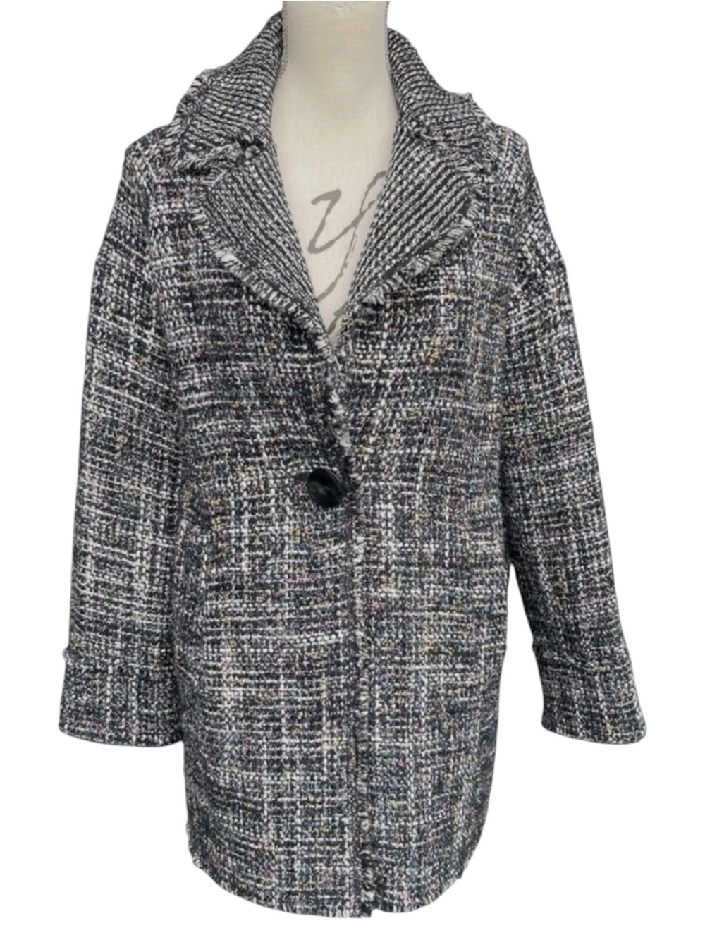 Zara Black/Multi-Colour One Button Fringe Edge Tweed Jacket (M)